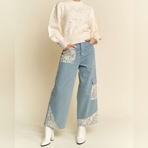 *Davi & Dani Lace Applique Wide Leg Jeans in sz M L